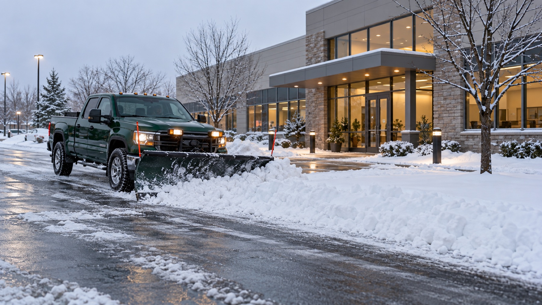 A snowplow clearing a commercial property parking area